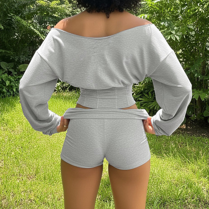 Damen nan asymmetrisches einschulteriges Lounge-Set mit tailliertem gerafftem Crop-Top und hochgeschnittenen Umschlag-Shorts Drune