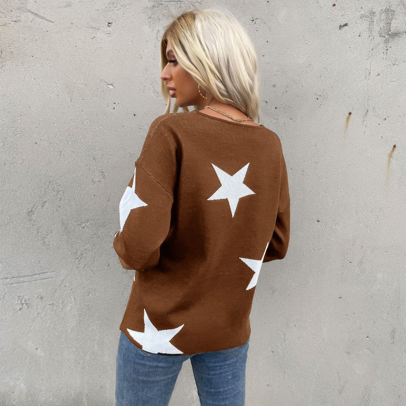 Damen Sternen-Feinstrickpullover mit V-Ausschnitt und lässiger Oversize-Passform Drune