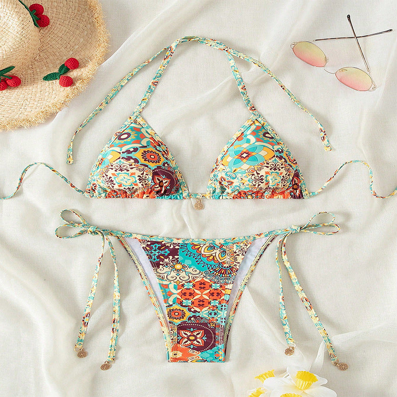 Damen Triangel-Bikini mit floralem Muster und eleganten Bindebändern Drune