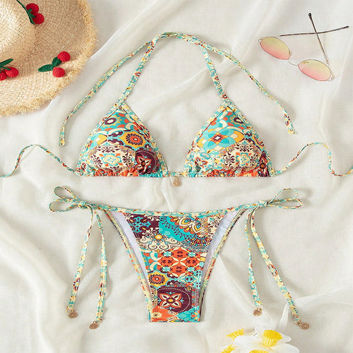 Damen Triangel-Bikini mit floralem Muster und eleganten Bindebändern Drune