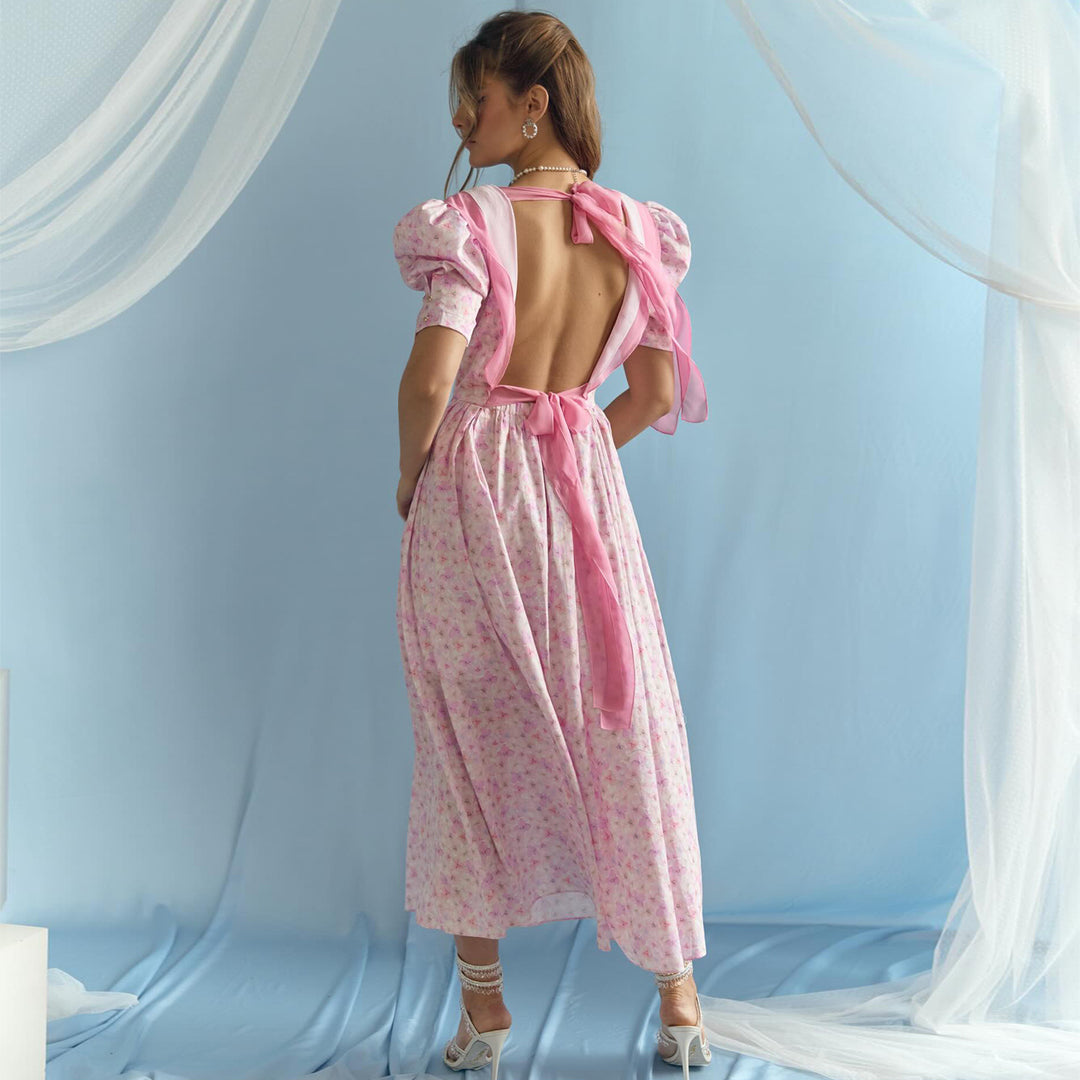 Damen Blütenmuster Kleid mit Puffärmeln und tiefem V-Ausschnitt Drune