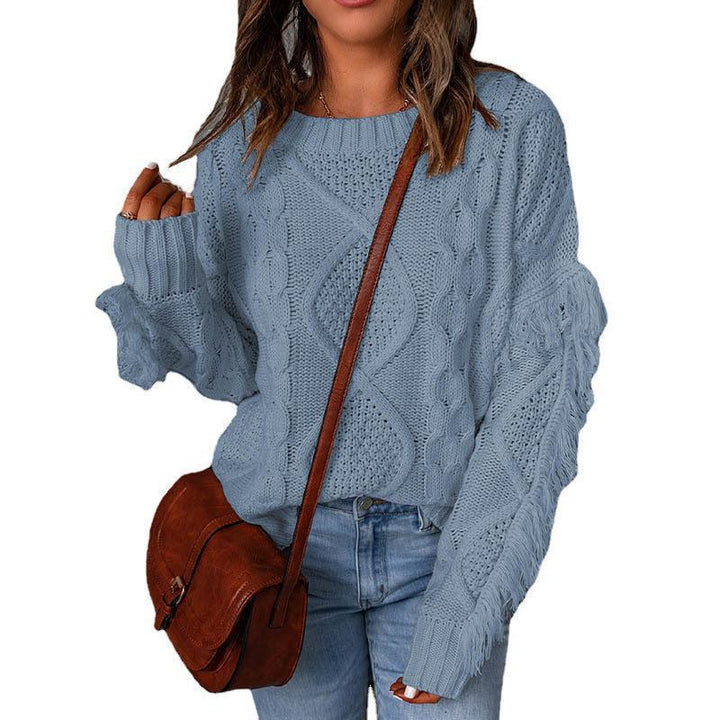 Damen Grobstrick-Pullover mit Zopfstruktur, fransigen Ärmeln und legerer Oversize-Passform Drune