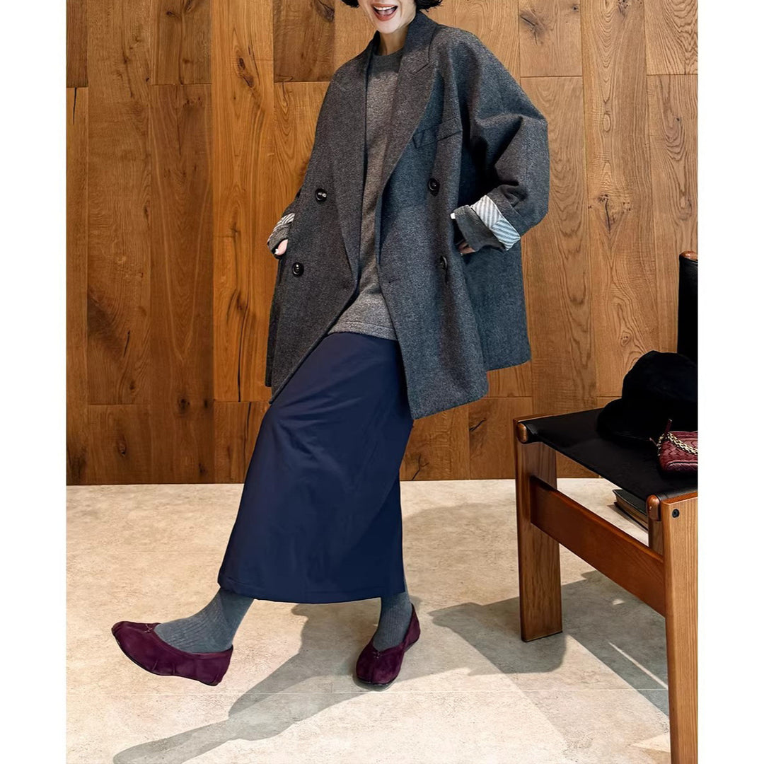 Damen Eleganter Doppelreiher-Wollmantel Drune