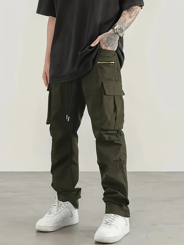 Herren utilitaristische Cargohose mit Reißverschluss‑Tasche, Klappen & Kordelbund Drune