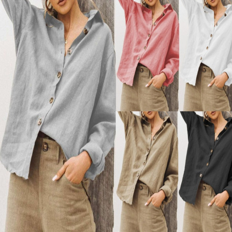 Damen lässige Leinenbluse mit Knopfleiste und weitem Schnitt Drune