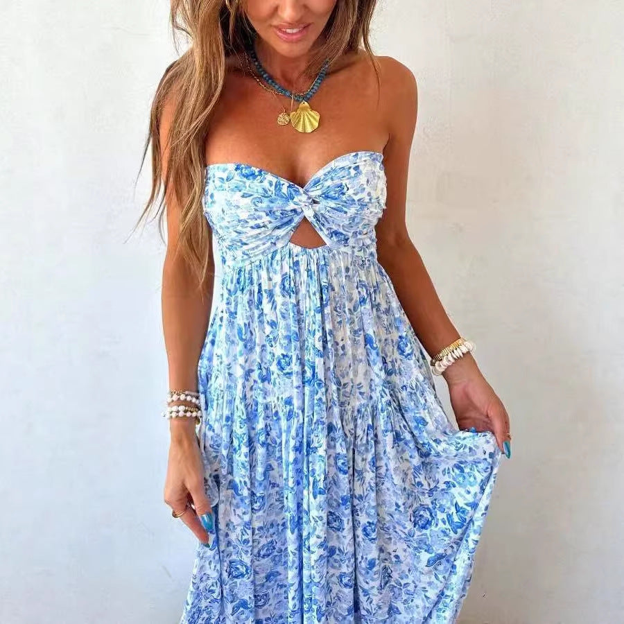 Damen nan trägerloses gedrehtes Bustier-Maxikleid mit Cut-out und mehrlagigem Stufenrock in leichter Crinkle-Qualität Drune