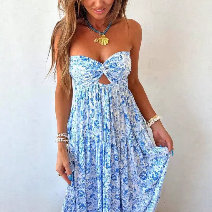 Damen nan trägerloses gedrehtes Bustier-Maxikleid mit Cut-out und mehrlagigem Stufenrock in leichter Crinkle-Qualität Drune