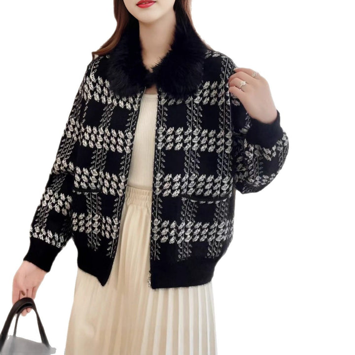Damen Designer Strickjacke mit luxuriösem Kunstfellkragen Drune