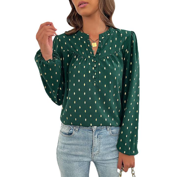 Damen Leichte Viskosebluse mit zartem Ikat‑Print, Stehkragen und dekorativer Knopfleiste Drune