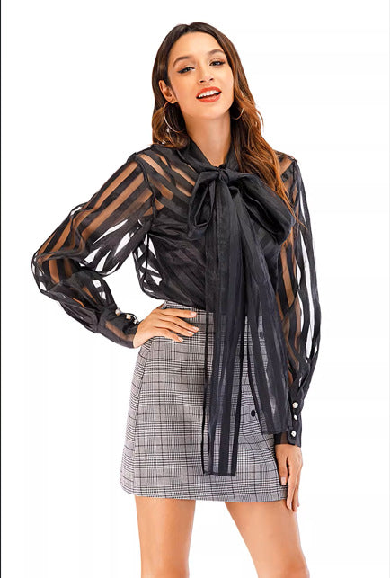 Damen Elegante Bluse mit voluminösem Schleifenkragen und trendigem Streifenmuster Drune