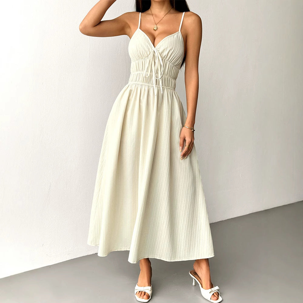 Damen Maxikleid mit verstellbaren Spaghettiträgern und elastischem Taillenbund Drune
