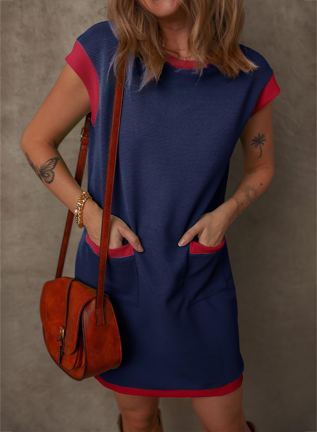 Damen Ärmelloses A-Linien-Shiftkleid mit Kontrastkanten, aufgesetzten Taschen und strukturierter Rippoptik Drune