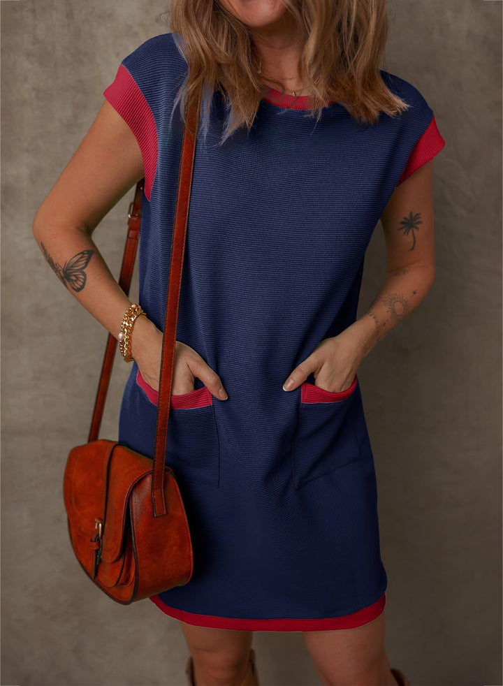 Damen Ärmelloses A-Linien-Shiftkleid mit Kontrastkanten, aufgesetzten Taschen und strukturierter Rippoptik Drune