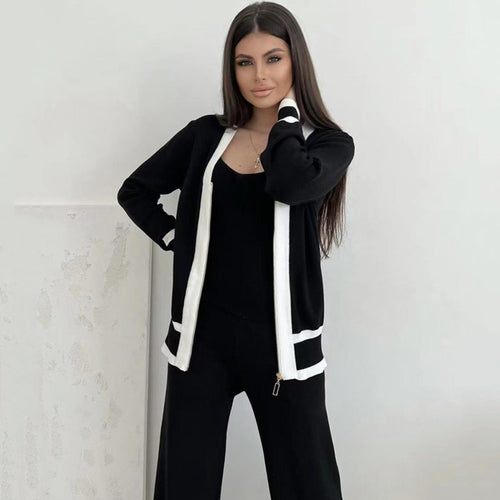 Damen lässiges Strick-Loungewear-Set mit hochwertigem Zip-Cardigan und Weitbein-Hosen Drune