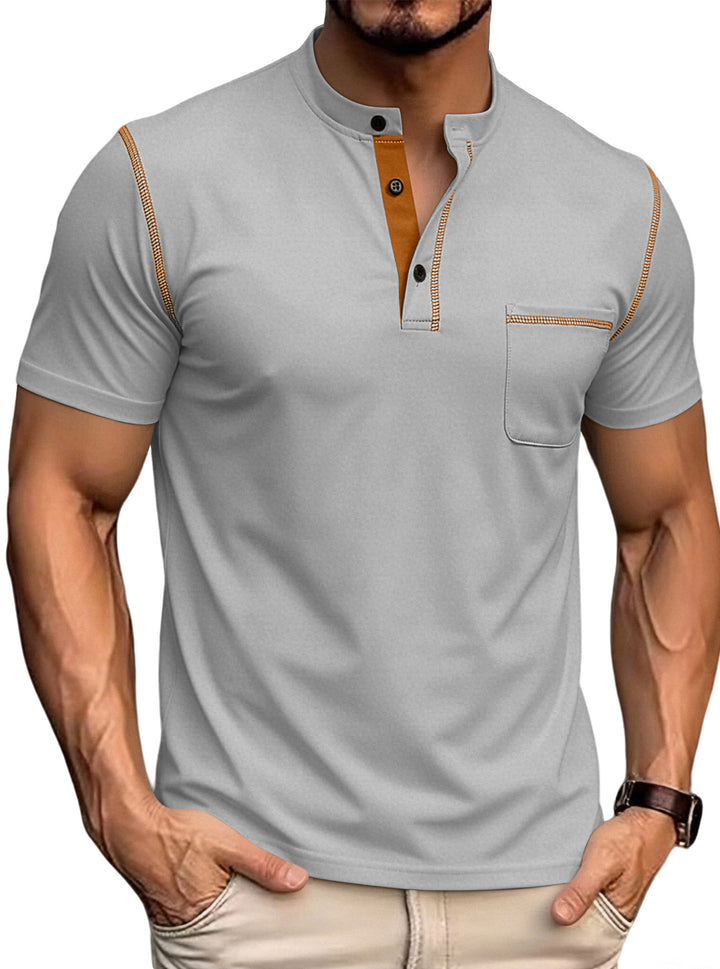 Herren nan kurzärmeliges Polohemd mit Stehkragen Knopfleiste Brusttasche aus elastischer Baumwollmischung Drune