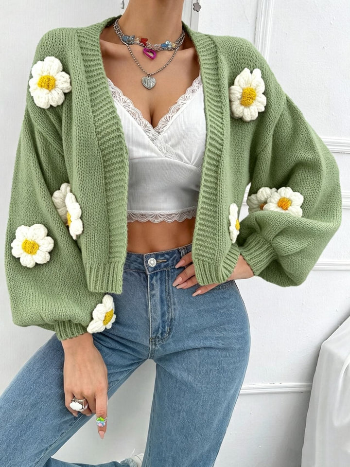 Damen Kurzgeschnittener Grobstrick-Cardigan mit 3D-Blütenapplikationen Drune