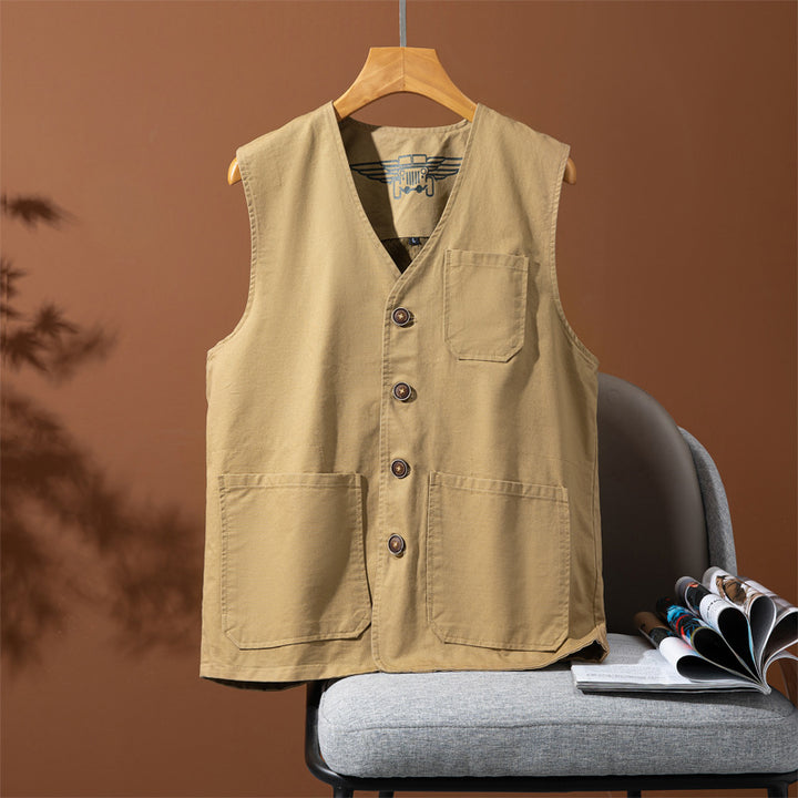 Herren Canvas-Utility-Weste mit Mehrfachtaschen und Knopfleiste Drune