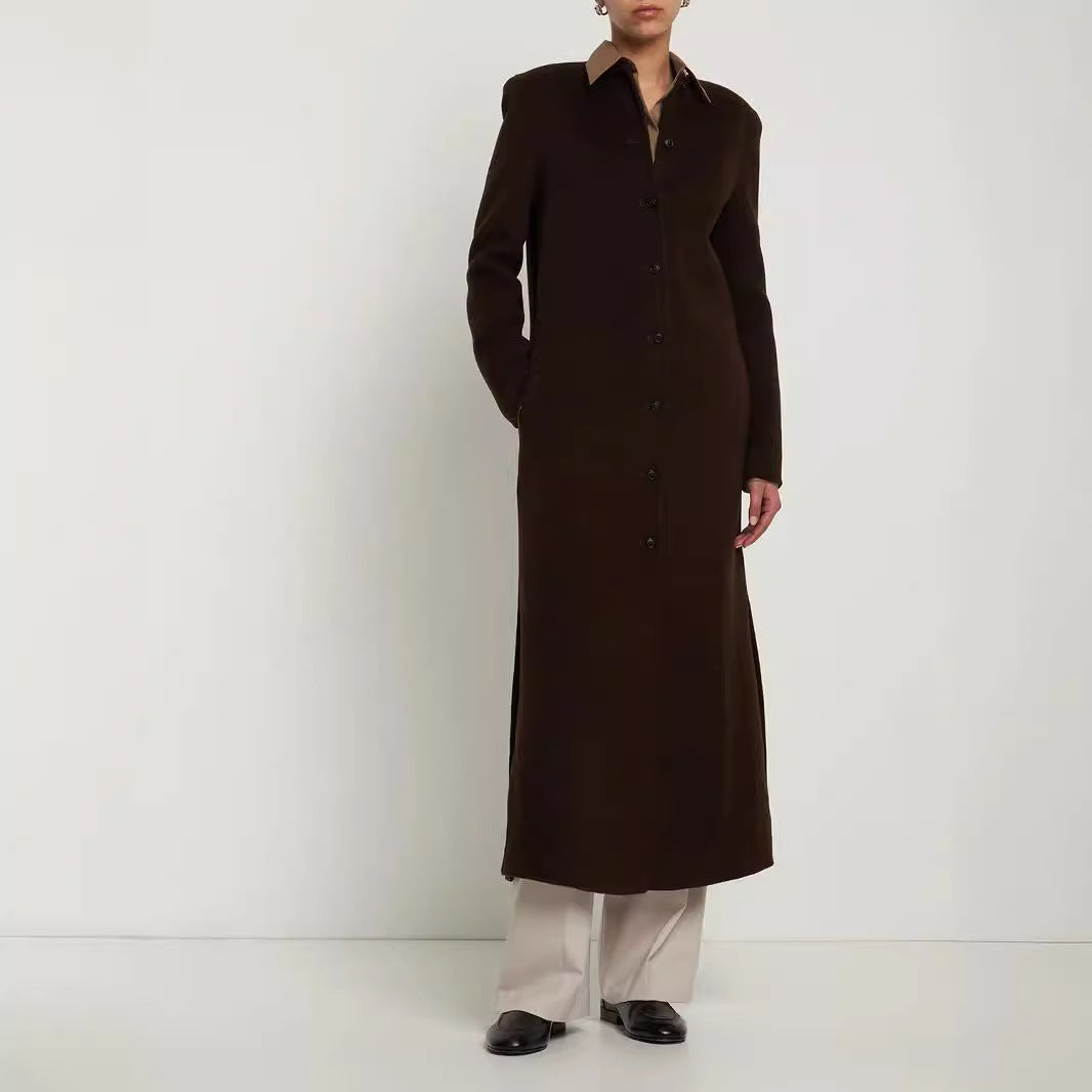 Damen Langer Minimalistischer Stehkragenmantel aus Wollmix mit verdeckter Knopfleiste Drune