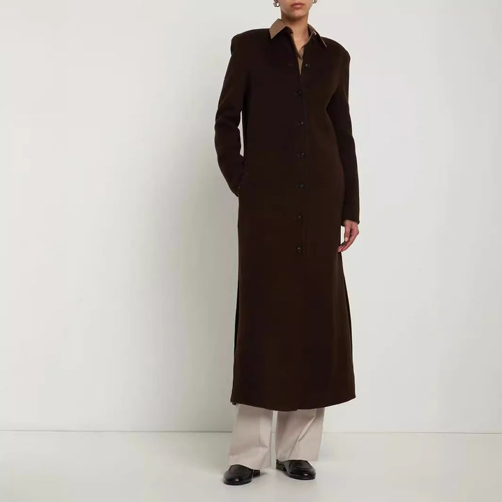 Damen Langer Minimalistischer Stehkragenmantel aus Wollmix mit verdeckter Knopfleiste Drune