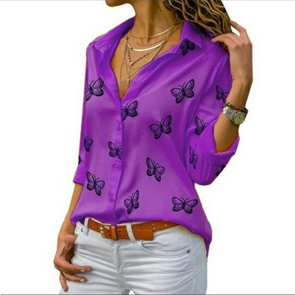 Damen nan lockere Longbluse mit Schmetterlingsprint und Hemdkragen Drune