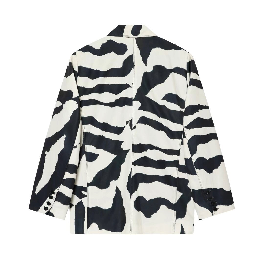 Damen Oversize-Blazer mit Zebra-Print, fallendem Revers und Pattentaschen Drune