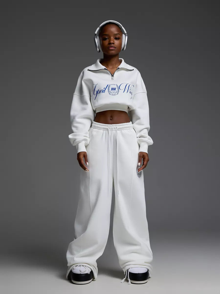 Damen Cropped Halbzip-Sweatshirt mit weitem High‑Waist Loungehose Set Drune