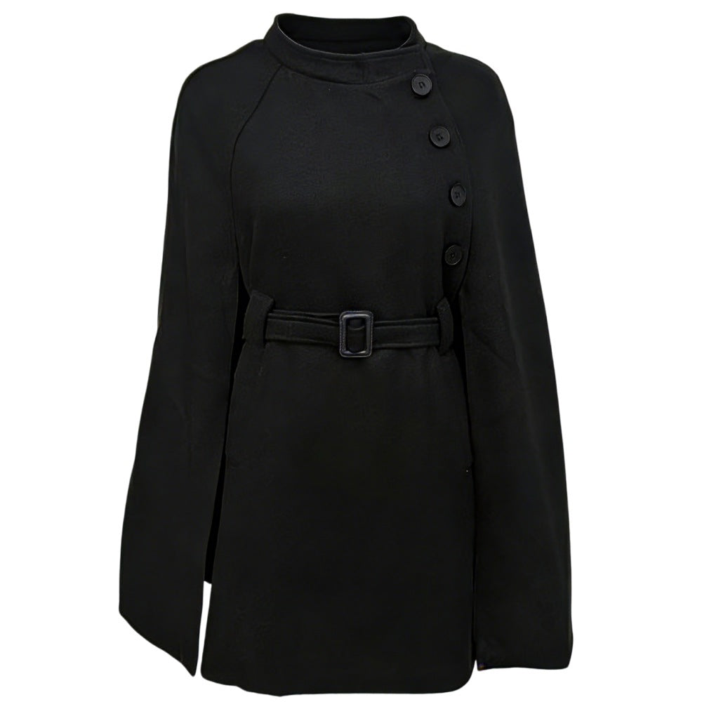 Damen Cape-Mantel mit Taillengürtel, asymmetrischer Knopfleiste und Stehkragen Drune
