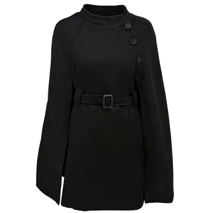 Damen Cape-Mantel mit Taillengürtel, asymmetrischer Knopfleiste und Stehkragen Drune