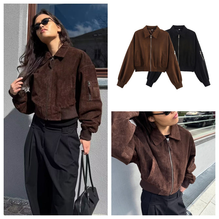 Damen modische Kunstlederjacke mit praktischen Taschen Drune