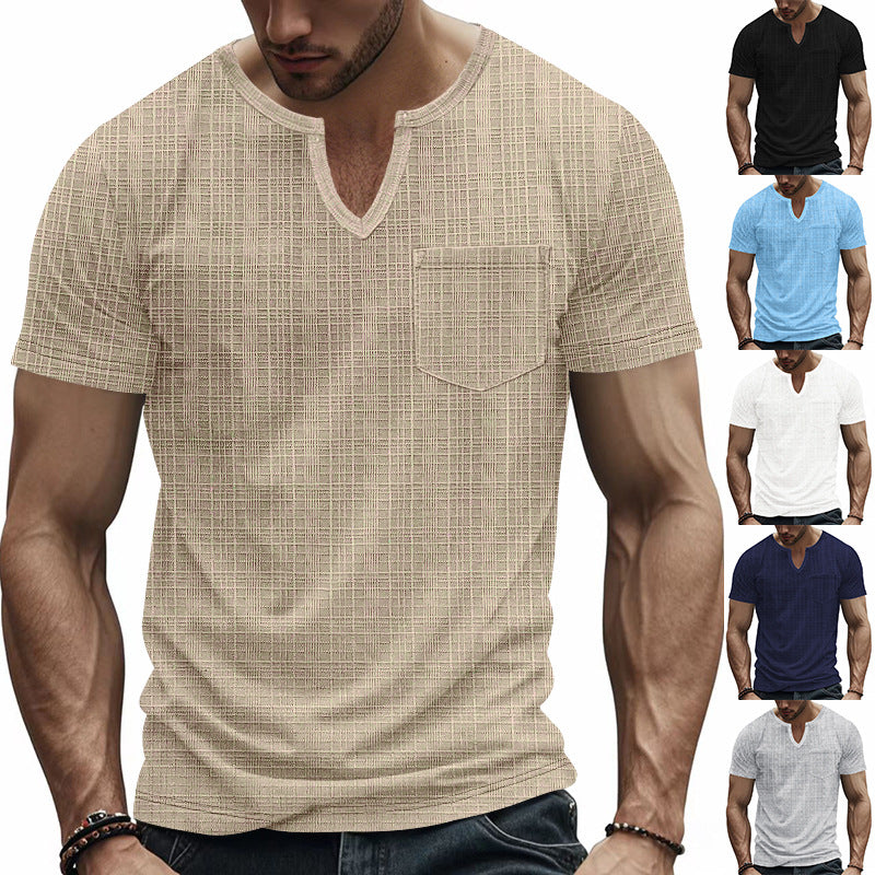 Herren nan Kurzarmshirt mit geschlitztem V-Ausschnitt strukturierter Leinenoptik und aufgesetzter Brusttasche Drune