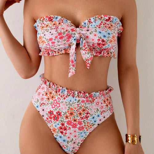 Damen Bandeau-Bikini mit verspielten Rüschen und floralem Muster Drune