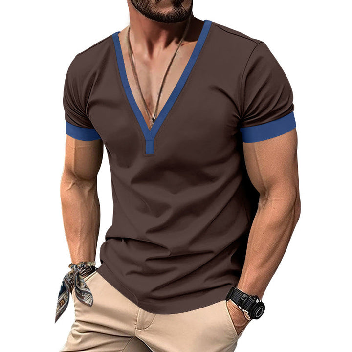 Herren V-Ausschnitt T-Shirt mit kontrastierenden Ärmeln und atmungsaktiver Baumwolle Drune