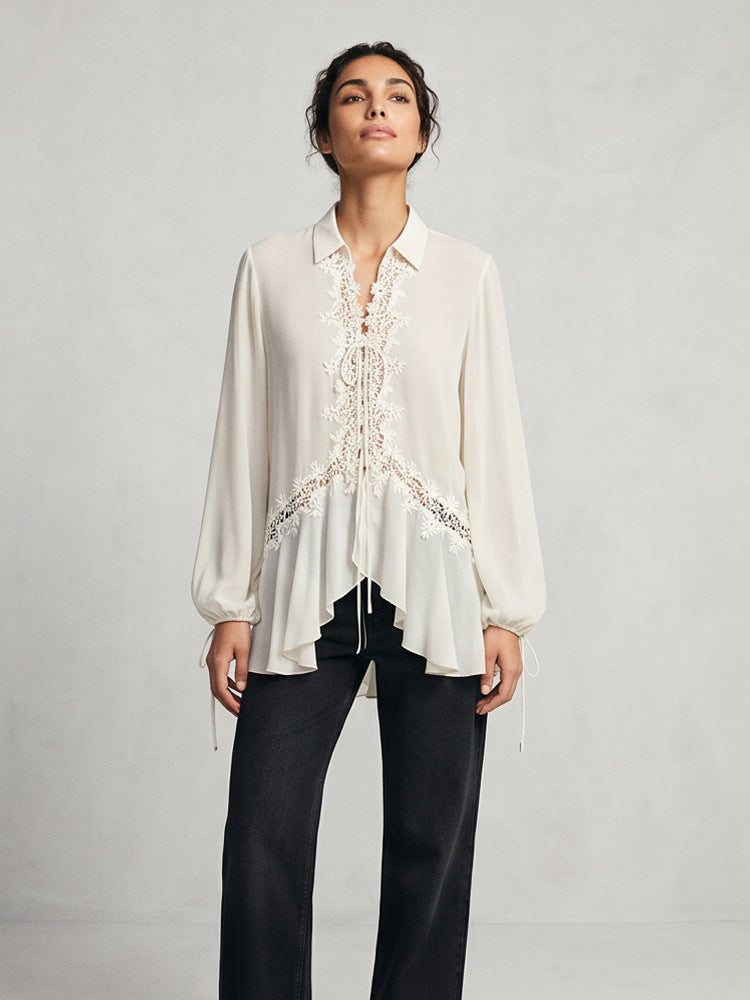 Damen Transparente Chiffonbluse mit Spitzenbesatz, Bindeband & asymmetrischem Volant-Saum Drune