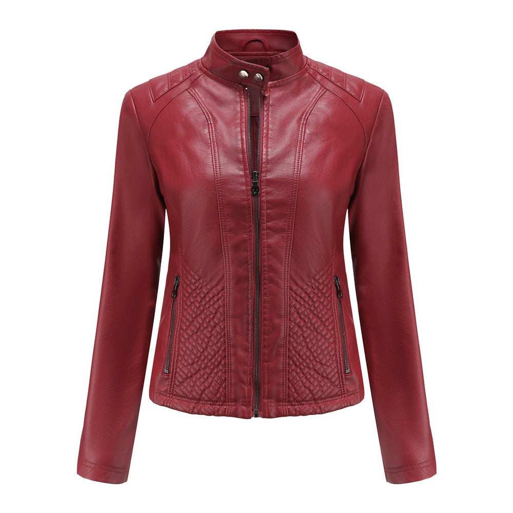 Damen nan taillierte Biker-Kunstlederjacke mit Stehkragen und gesteppter Seitenpartie Drune