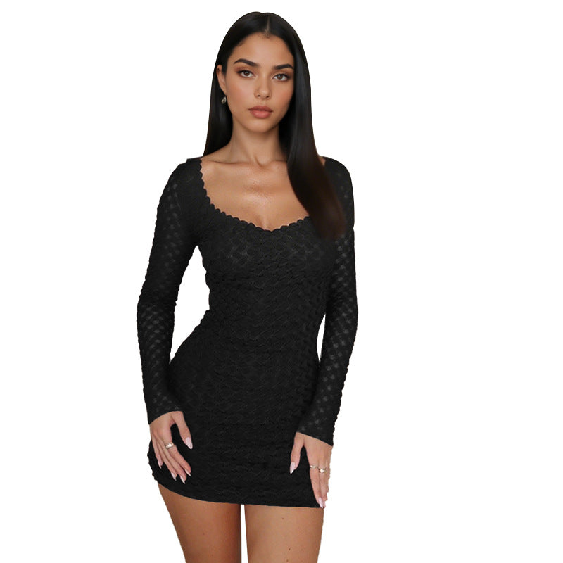 Damen Rippstrick Minikleid mit langem Arm und herzförmigem Ausschnitt Drune