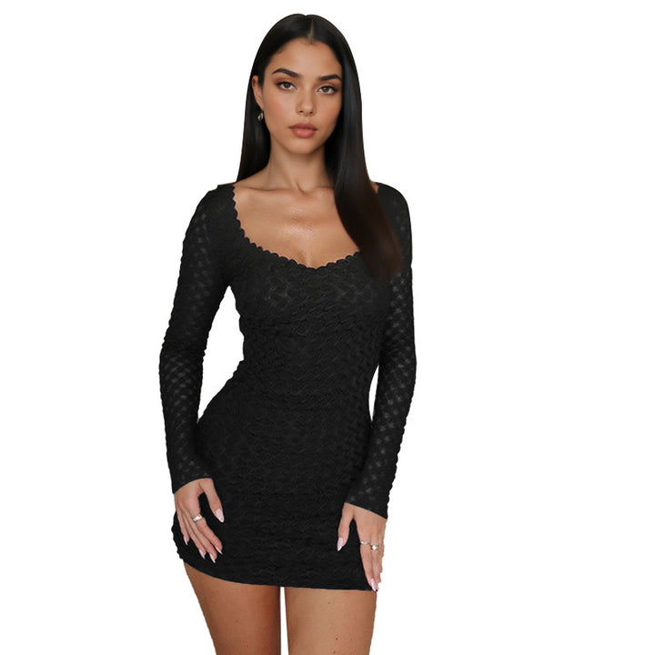 Damen Rippstrick Minikleid mit langem Arm und herzförmigem Ausschnitt Drune