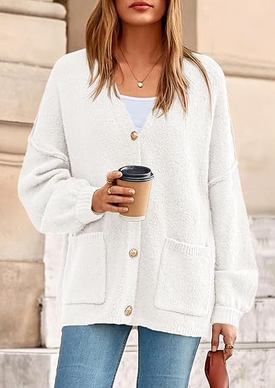 Damen Oversized Strickjacke mit Knöpfen und großen Taschen Drune
