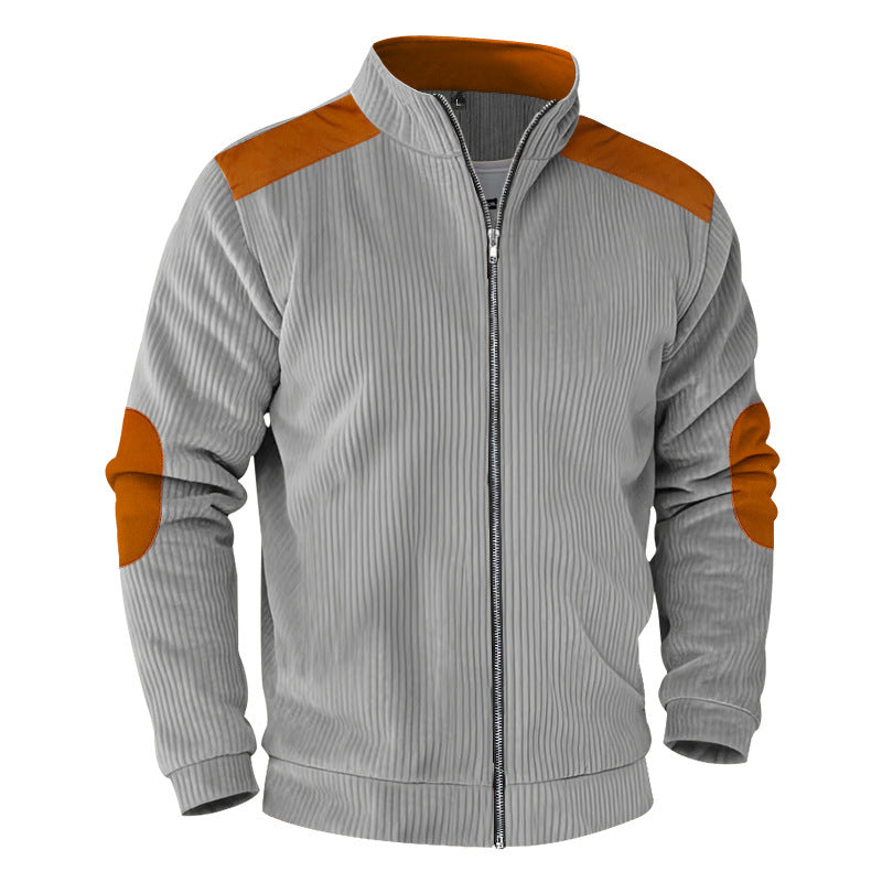 Herren nan gerippte Stehkragen-Sweatjacke mit durchgehendem Reißverschluss, Schulter- und Ellbogen-Patches Drune