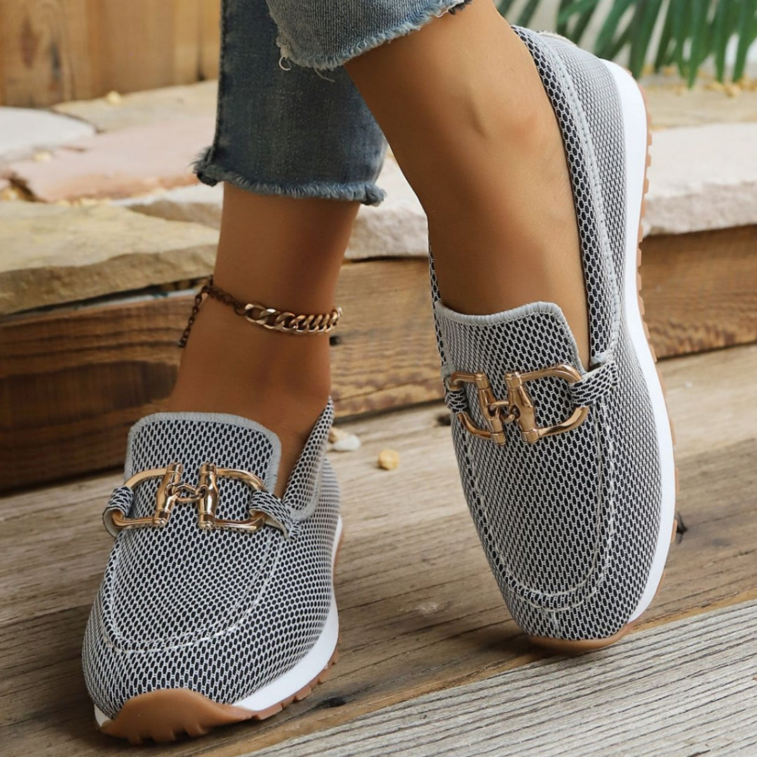 Damen Atmungsaktive Mesh-Slipper-Loafer mit goldfarbener Schnallendekor und leichter Gummisohle Drune