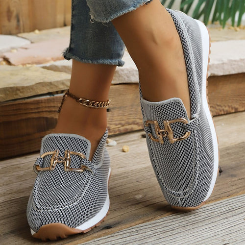 Damen Atmungsaktive Mesh-Slipper-Loafer mit goldfarbener Schnallendekor und leichter Gummisohle Drune