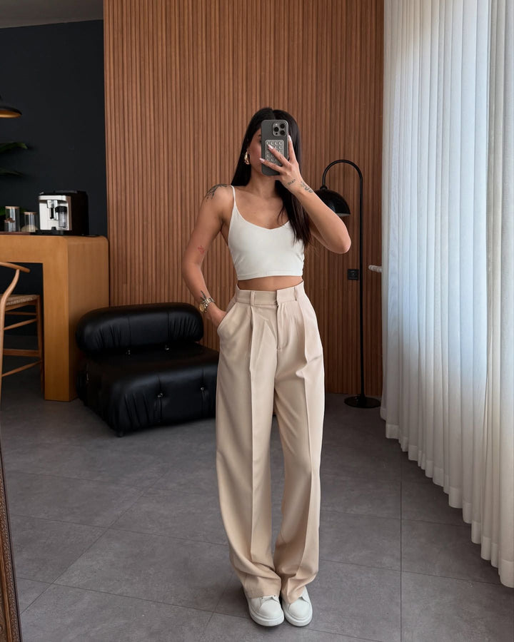 Damen hochgeschnittene Stoffhose mit geradem Bein Drune
