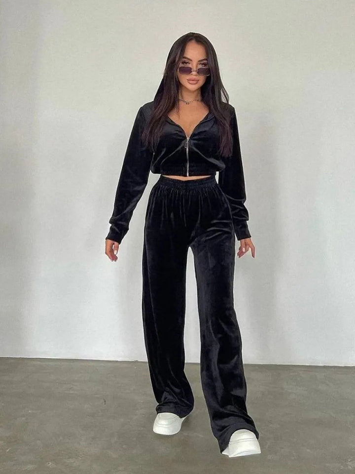 Damen Samt-Loungewear-Set mit kurzem Reißverschluss und geraffter Taillenpartie Drune