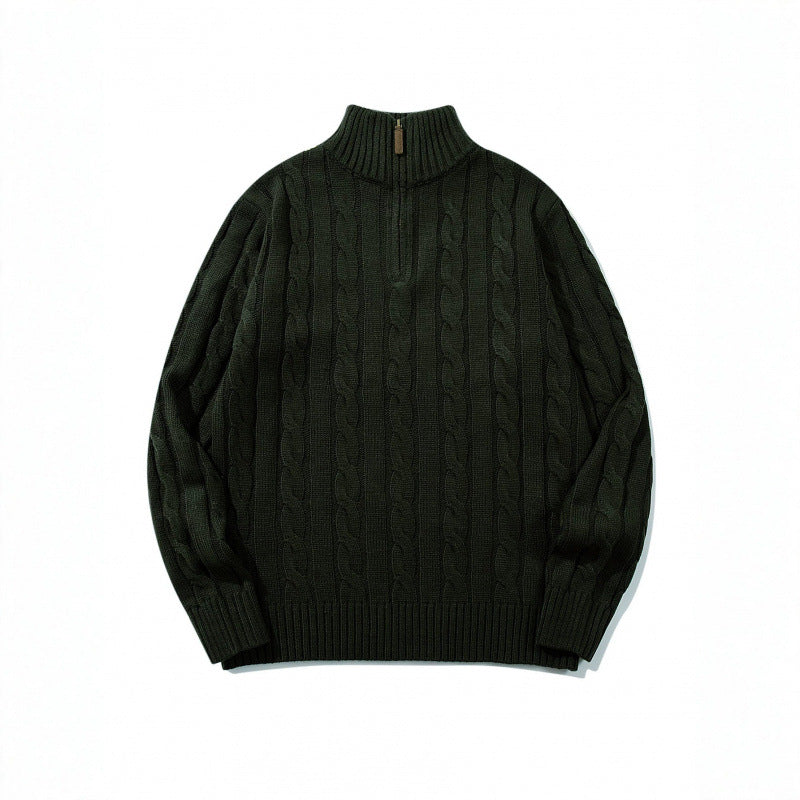 Unisex Grobgestrickter Halbreißverschluss-Zopfmuster-Pullover mit Stehkragen und gerippten Abschlüssen Drune
