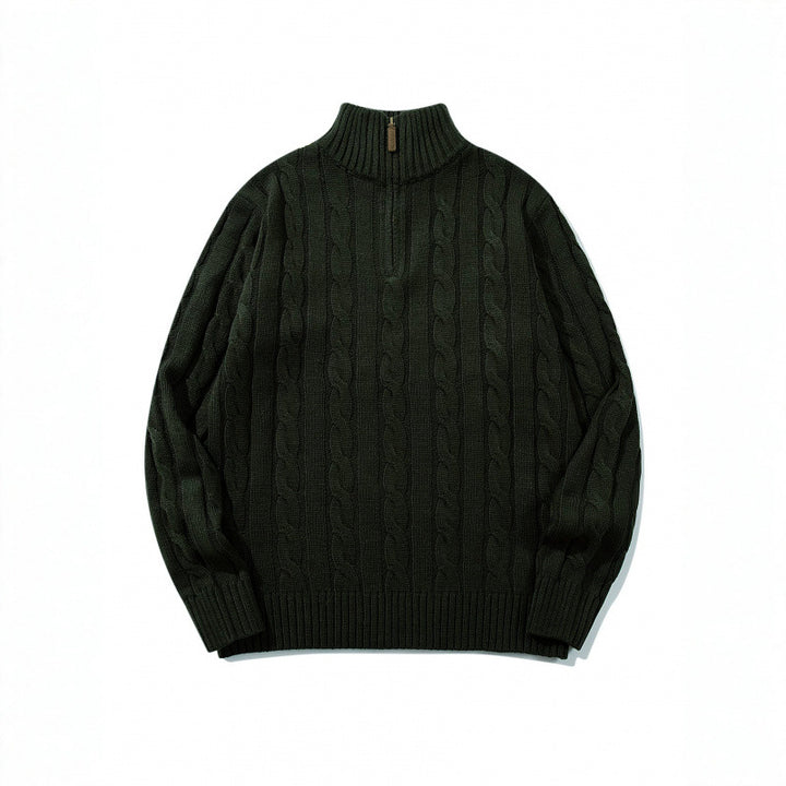 Unisex Grobgestrickter Halbreißverschluss-Zopfmuster-Pullover mit Stehkragen und gerippten Abschlüssen Drune