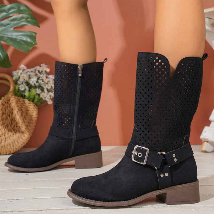 Damen Stiefel aus perforiertem Wildleder mit modischem Schnallen-Detail Drune