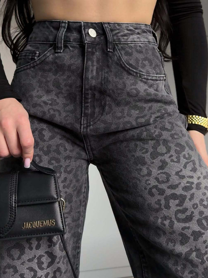 Damen Hochtaillierte Jeans mit Leopardenmuster und weitem Bein Drune