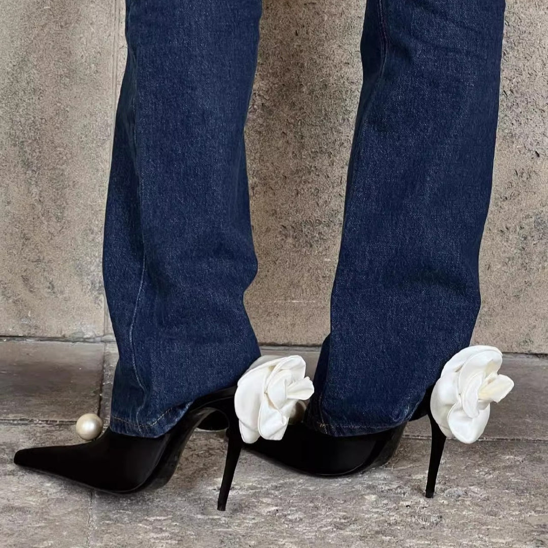 Damen spitze Satin-Flower Stiletto-Mules mit Perlenapplikation Drune
