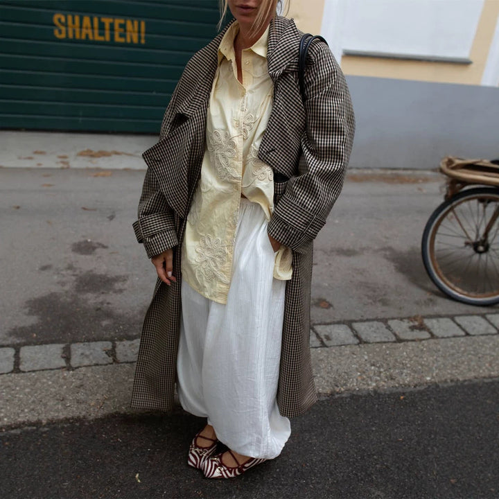 Damen Oversize Mantel im Glencheck mit weitem Revers und fallender Schulterpartie Drune