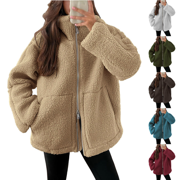 Damen nan oversized Teddyfelljacke mit Stehkragen Reißverschluss und aufgesetzten Taschen Drune