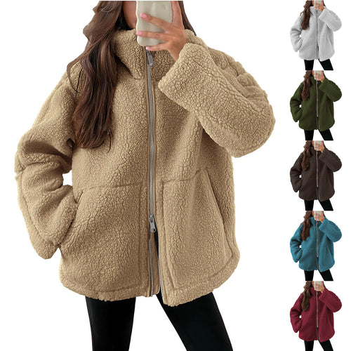 Damen nan oversized Teddyfelljacke mit Stehkragen Reißverschluss und aufgesetzten Taschen Drune